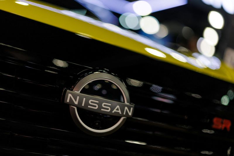 The Nissan logo is shown on a vehicle at the LA Auto show "AutoMobility LA" in Los Angeles, California, U.S. November 20, 2025.  REUTERS/Mike Blake