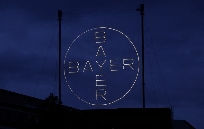 The 120 metres high Bayer Cross, logo of German pharmaceutical and chemical maker Bayer AG, consisting of 1710 LED glass bulbs is seen outside the industrial park "Chempark" of the chemical industry in Leverkusen, Germany, September 23, 2023. REUTERS/Wolfgang Rattay