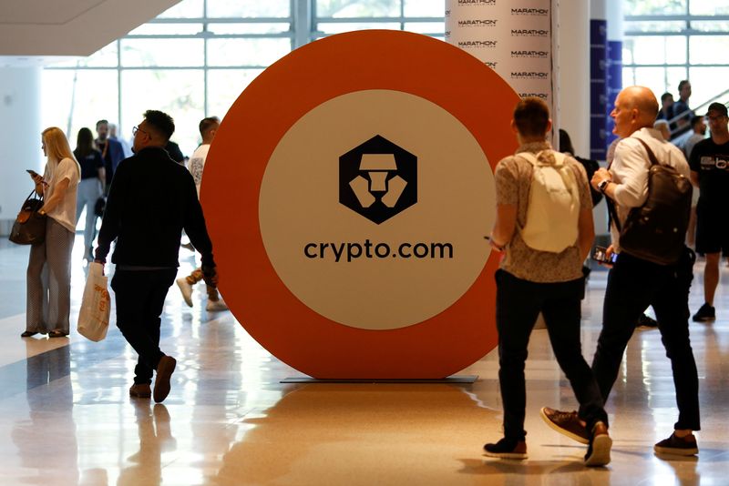 The logo of Crypto.com is seen at a stand during the Bitcoin Conference 2022 in Miami Beach, Florida, U.S. April 6, 2022. REUTERS/Marco Bello