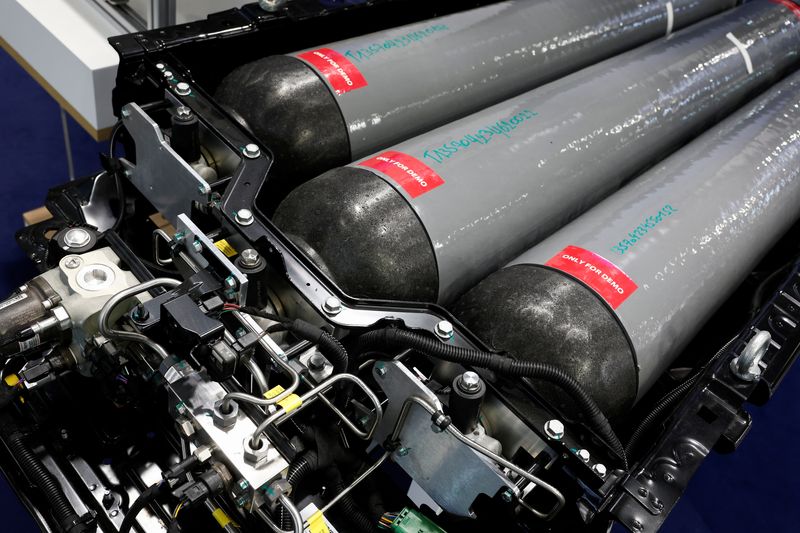 A hydrogen storage system manufactured by OPmobility is pictured at the Hyvolution exhibition in Paris, France, January 28, 2025. REUTERS/Benoit Tessier