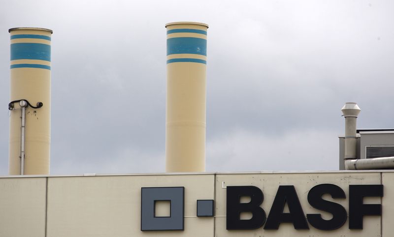 A logo is seen on the facade of the BASF plant and former Ciba production site in Schweizerhalle near Basel July 7, 2009.   REUTERS/Christian Hartmann/File Photo