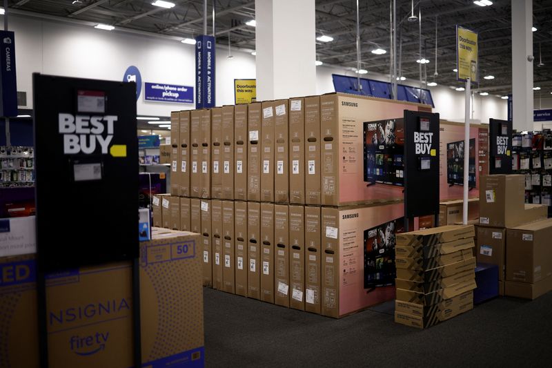 Televisions are staked at a Best Buy store ahead of Black Friday in Arlington, Virginia, U.S., November 27, 2024. REUTERS/Benoit Tessier