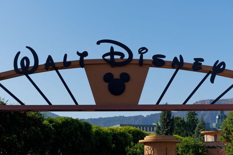 A sign is shown at one of the entrances to Disney Studios in Burbank, California, U.S., July 25, 2023.   REUTERS/Mike Blake