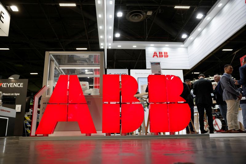 The logo of ABB is pictured at the Global Industrie exhibition in Villepinte near Paris, France, March 26, 2024. REUTERS/Benoit Tessier