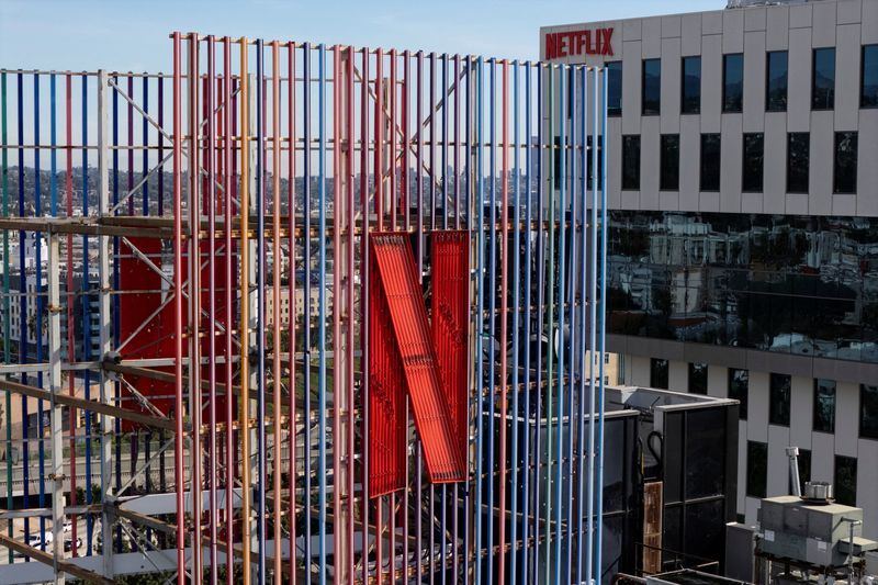 A drone view shows Netflix logos on buildings in the Hollywood neighborhood in Los Angeles, California, U.S., January 20, 2026. REUTERS/Daniel Cole