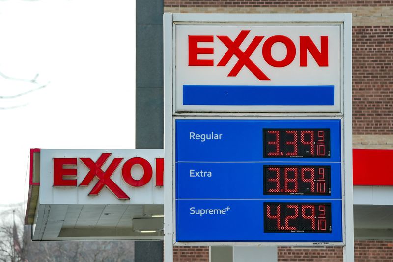 Gas prices are shown at an Exxon station as the price of oil and gas has surged amid the U.S.-Israeli conflict with Iran, in Washington, D.C., U.S., March 5, 2026. REUTERS/Ken Cedeno