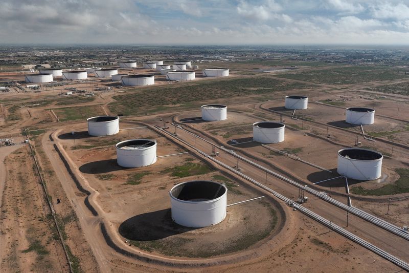 A drone view shows a portion of the crude oil tank farm in Midland, Texas, U.S. June 11, 2025. REUTERS/Eli Hartman