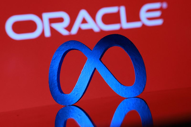 A 3D printed Meta logo is seen in front of displayed Oracle logo in this illustration taken, September 23, 2025. REUTERS/Dado Ruvic/Illustration