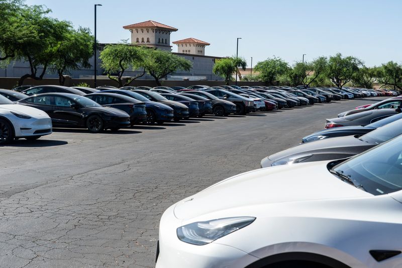 Tesla electric vehicles are parked in a storage lot outside a disused movie theatre in Scottsdale, Arizona, U.S. June 11, 2024.  REUTERS/Go Nakamura