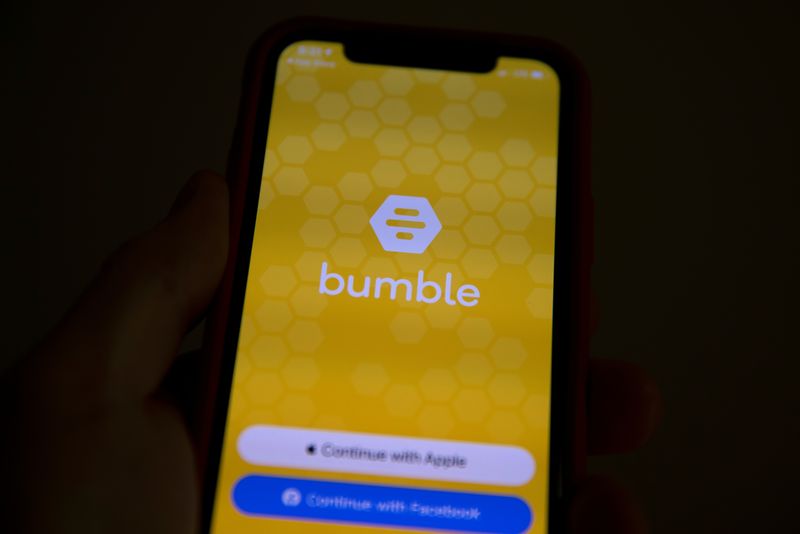 The Bumble Inc. (BMBL) app is shown on an Apple iPhone in this photo illustration as the dating app operator made its debut IPO on the Nasdaq stock exchange February 11, 2021.  REUTERS/Mike Blake/Illustration