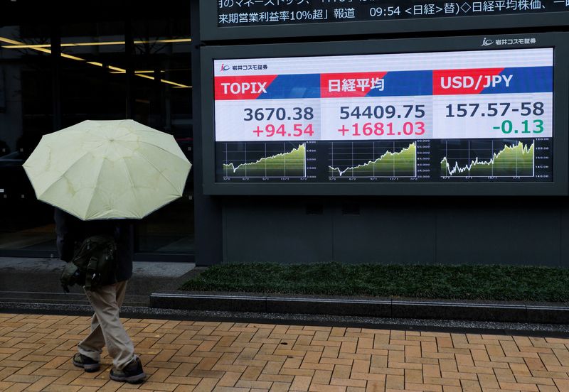 A pedestrian looks at a stock quotation board showing the Topix average, the Nikkei share average and the exchange rate between Japanese yen and U.S. dollar outside a brokerage in Tokyo, Japan, March 10, 2026. REUTERS/Kim Kyung-Hoon