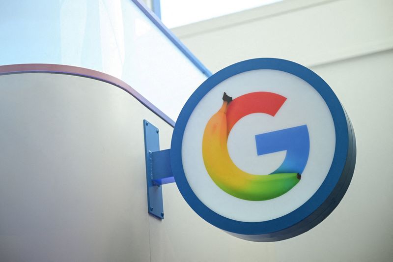 FILE PHOTO: A specially designed Google logo, during the opening of Google's new Artificial Intelligence (AI) centre in Berlin, Germany, March 5, 2026. REUTERS/Annegret Hilse/File Photo