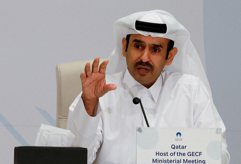 FILE PHOTO: Qatari Energy Minister Saad bin Sherida Al Kaabi speaks during a press conference at the 27th Gas Exporting Countries Forum (GECF) Ministerial Meeting to discuss the future of natural gas and global energy security, in Doha, Qatar, October 23, 2025. REUTERS/Ibraheem Abu Mustafa/File Photo
