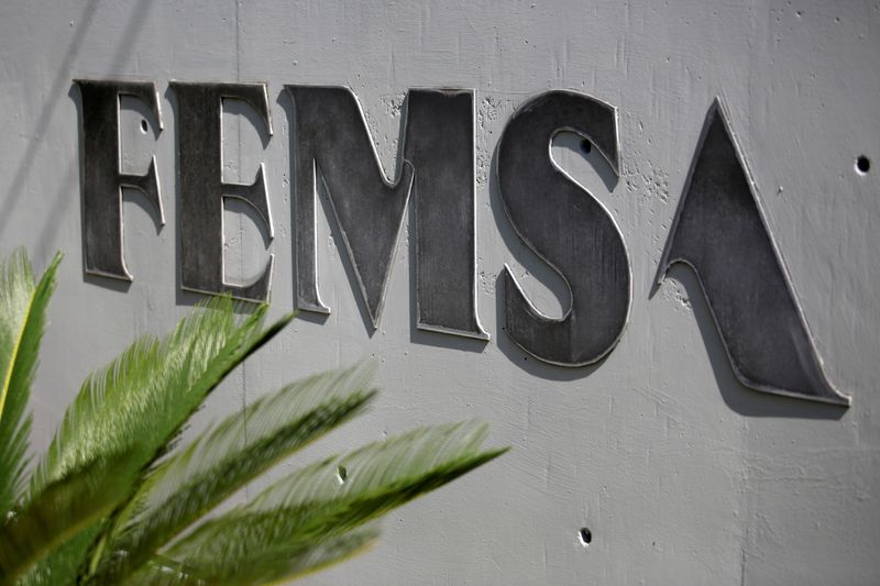 The logo of Mexico's Coca-Cola FEMSA, the world's biggest Coke bottler, is pictured at its headquarters in Monterrey, Mexico, August 19, 2018. REUTERS/Daniel Becerril