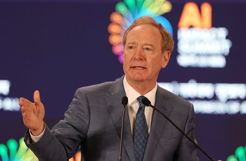 Microsoft's Vice Chair and President Brad Smith, addresses the gathering at the AI Impact Summit, in New Delhi, India, February 19, 2026. REUTERS/Bhawika Chhabra