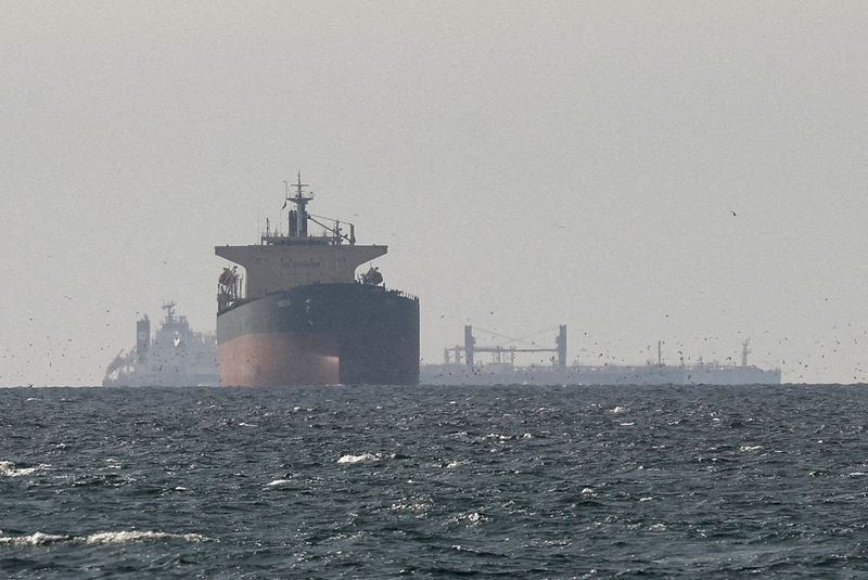 FILE PHOTO: Cargo ships in the Gulf, near the Strait of Hormuz, as seen from northern Ras al-Khaimah, near the border with Oman’s Musandam governance, amid the U.S.-Israeli conflict with Iran, in United Arab Emirates, March 11, 2026. REUTERS/Stringer/File Photo/File Photo