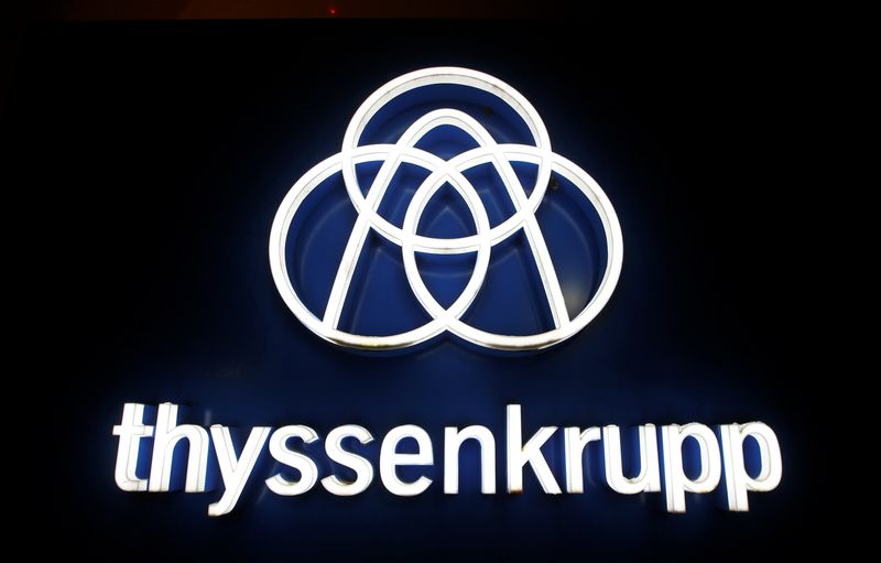 Thyssenkrupp's logo is seen outside the elevator test tower in Rottweil, Germany, January 21, 2020.  REUTERS/Michaela Rehle