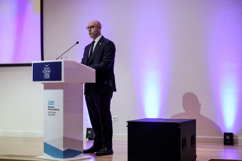 FILE PHOTO: Federal Reserve Governor Stephen Miran speaks during the Delphi Economic Forum Lecture event, at the National Gallery in Athens, Greece, January 14, 2026. REUTERS/Louisa Gouliamaki/File Photo