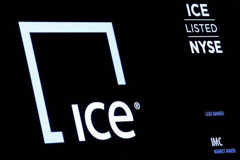 FILE PHOTO: A screen displays the logo and ticker symbol for Intercontinental Exchange, Inc. on the floor of the New York Stock Exchange (NYSE) in New York City, U.S., November 3, 2016.  REUTERS/Brendan McDermid/File Photo