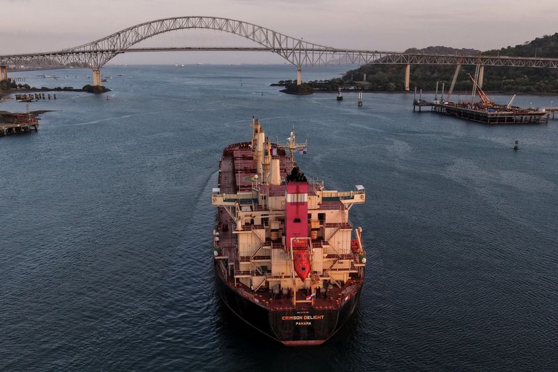 A drone view of the Panamanian‑flagged Crimson Delight vessel transits toward Balboa port as the U.S. Federal Maritime Commission (FMC) said on Thursday it is closely monitoring a surge in detentions of Panama‑flagged vessels in China, a development that appears linked to a Panama court ruling against Hong Kong‑based CK Hutchison, in Panama City, Panama, March 27, 2026. REUTERS/Enea Lebrun