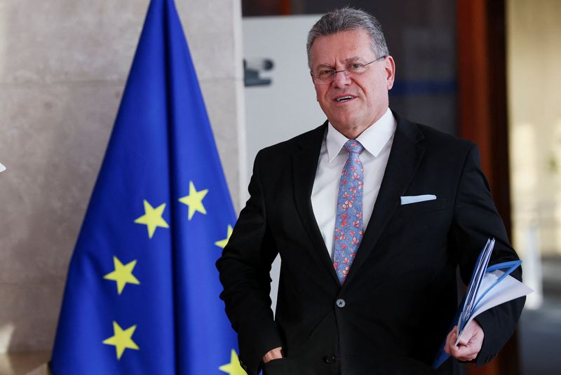 European Commissioner for Trade and Economic Security Maros Sefcovic arrives for the meeting of the college of European Commissioners in Brussels, Belgium February 26, 2026. REUTERS/Yves Herman
