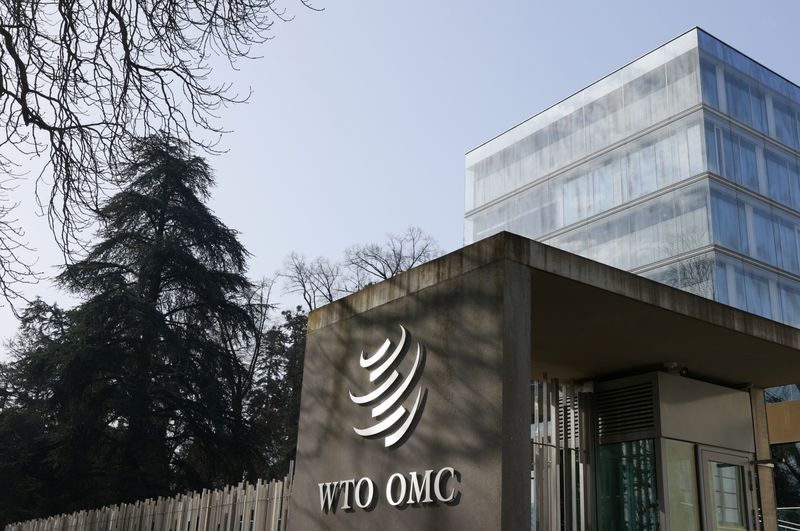 A logo is pictured on the World Trade Organization headquarters (WTO) in Geneva, Switzerland, March 4, 2021. Picture taken March 4, 2021. REUTERS/Denis Balibouse