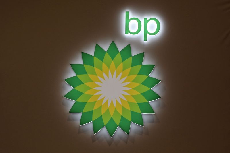 The logo of British multinational oil and gas company BP is displayed at their booth during the LNG 2023 energy trade show in Vancouver, British Columbia, Canada, July 12, 2023. REUTERS/Chris Helgren