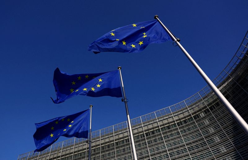 FILE PHOTO: European Union flags flutter outside the European Commission headquarters in Brussels, Belgium Februrary 26, 2026. REUTERS/Yves Herman/File Photo