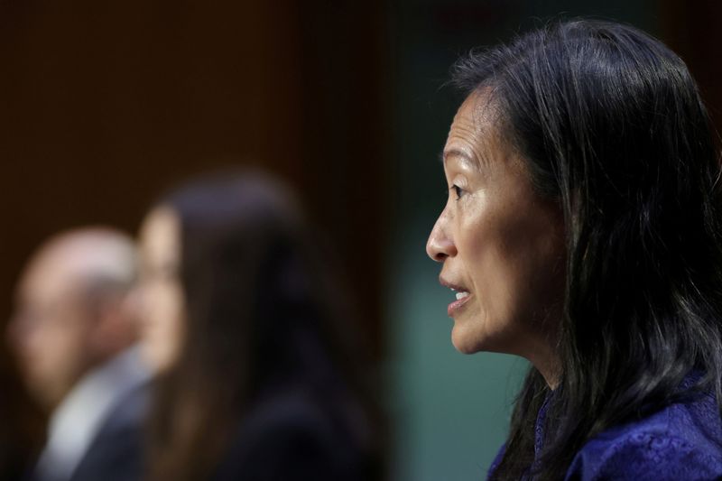 FILE PHOTO: Attorney Tana Lin, with Judge David Estudillo and attorney Lauren King, testifies before the Senate Judiciary Committee regarding their nominations to be U.S. district judges for the Western District of Washington on Capitol Hill in Washington, U.S. June 9, 2021.  REUTERS/Jonathan Ernst/File Photo