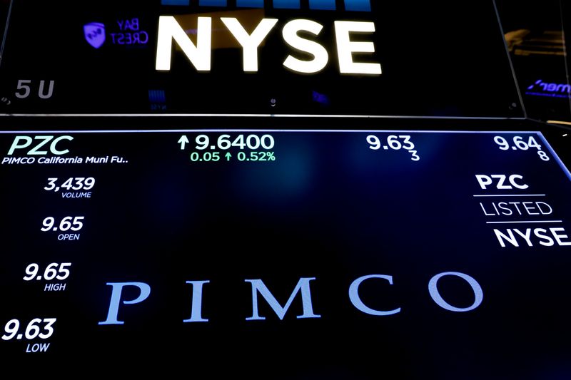 Ticker and trading information for Pacific Investment Management Co. (PIMCO) are displayed on a screen at the New York Stock Exchange (NYSE) in New York, U.S., April 5, 2018. REUTERS/Brendan McDermid/File Photo