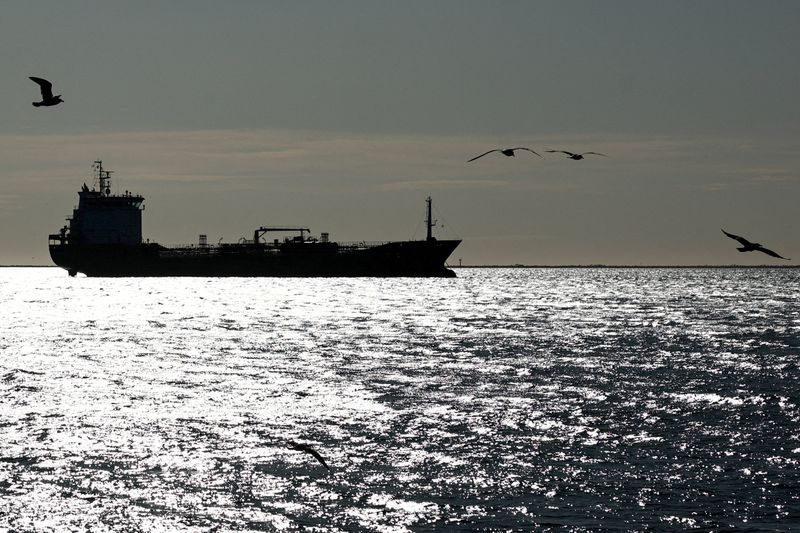 FILE PHOTO: The silhouette of the oil and chemical tanker Habip Bayrak sails off the Gulf of Fos-sur-Mer, in Port-de-Bouc, France, March 12, 2026. REUTERS/Manon Cruz//File Photo