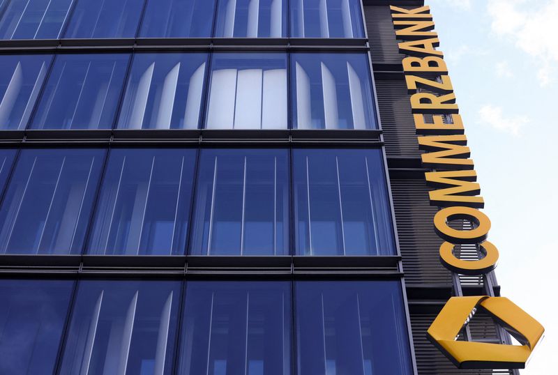 The logo of Commerzbank at a branch as Italy's UniCredit launches an unsolicited bid to increase its stake above 30% in Commerzbank, crossing the mandatory 30% takeover threshold under German law, in Cologne, Germany, March 16, 2026. REUTERS/Thilo Schmuelgen