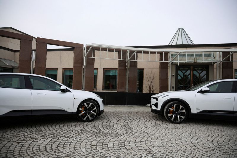 FILE PHOTO: A Polestar 3 and a Polestar 4 are parked outside Polestar's design studio in Gothenburg, Sweden, February 16, 2026. REUTERS/Marie Mannes/File Photo