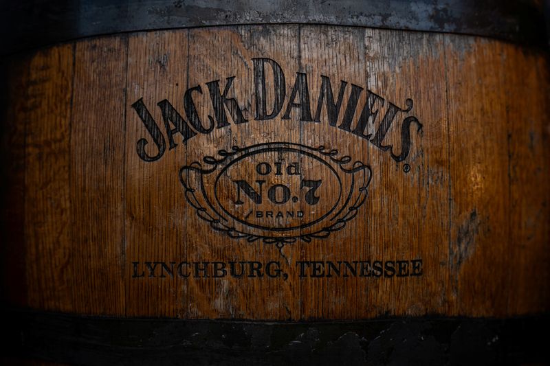 A Jack Daniel's whiskey logo can be seen on a barrel at the company's distillery in Lynchburg, Tennessee, U.S. February 3, 2025. REUTERS/Kevin Wurm