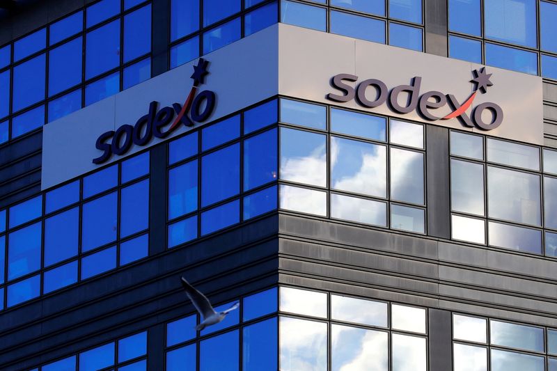 FILE PHOTO: The logo of French food services and facilities management group Sodexo is seen at the company headquarters in Issy-les-Moulineaux near Paris, France, November 30, 2018. REUTERS/Gonzalo Fuentes/File Photo