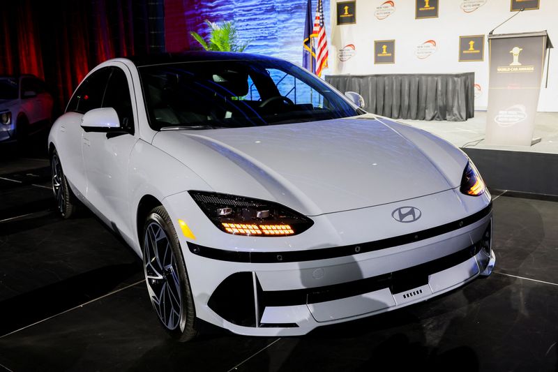 A view of the Hyundai IONIQ 6 as it wins the 2023 World Car of the Year award, during the 2023 World Car Awards at the New York International Auto Show, in Manhattan, New York City, U.S., April 5, 2023. REUTERS/Andrew Kelly/File Photo