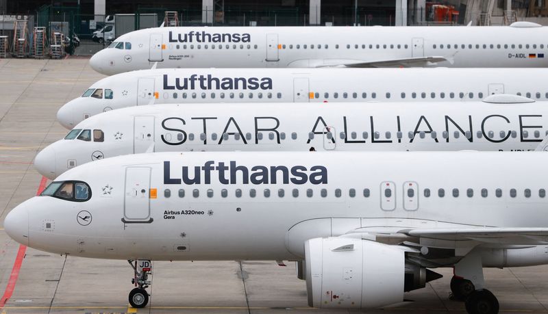 Lufthansa Group airplanes are parked on the tarmac during a strike by the UFO union, representing Lufthansa cabin crew, at Frankfurt Airport, Germany, April 10, 2026. REUTERS/Heiko Becker