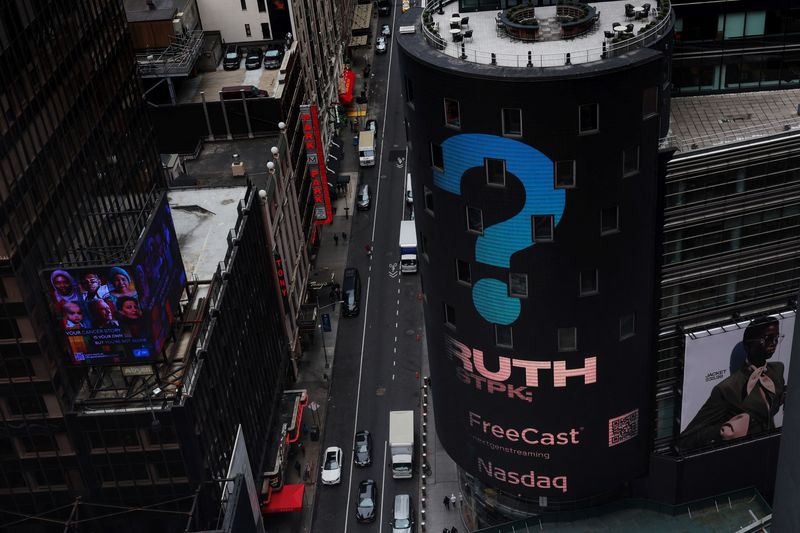 The Nasdaq Market site is seen on the day that shares of Truth Social and Trump Media & Technology Group start trading under the ticker "DJT", in New York City, U.S., March 26, 2024. REUTERS/Shannon Stapleton
