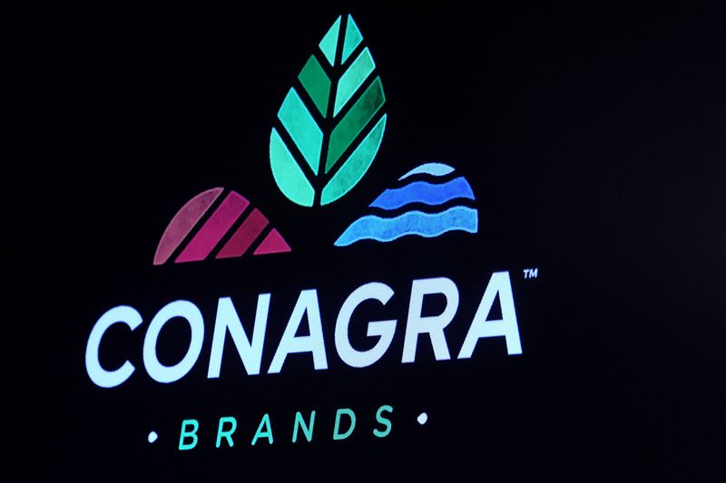 The company logo for Conagra Brands Inc. is displayed on a screen on the floor of the New York Stock Exchange (NYSE) in New York City, U.S., April 10, 2023.  REUTERS/Brendan McDermid