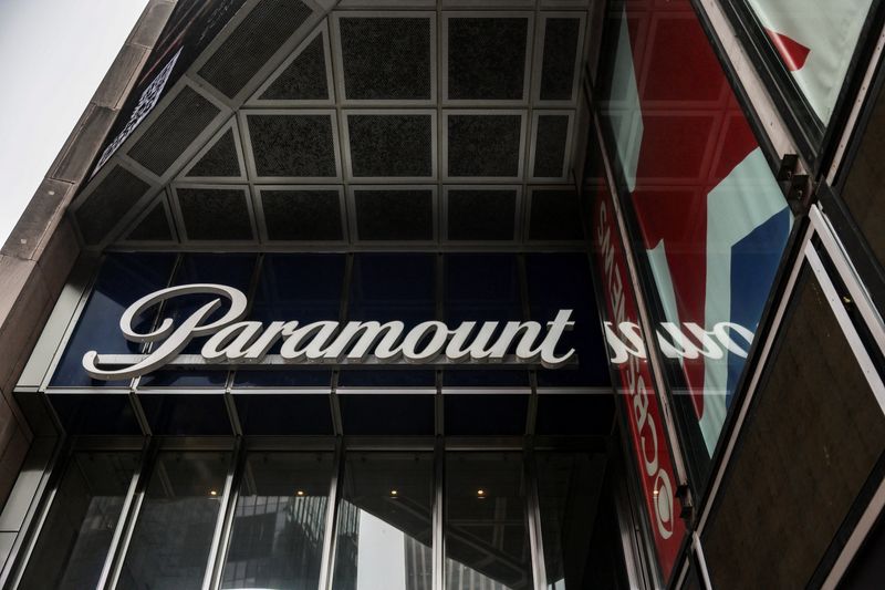 Paramount sign outside their offices at 1515 Broadway in New York City, U.S., February 20, 2026. REUTERS/Jeenah Moon