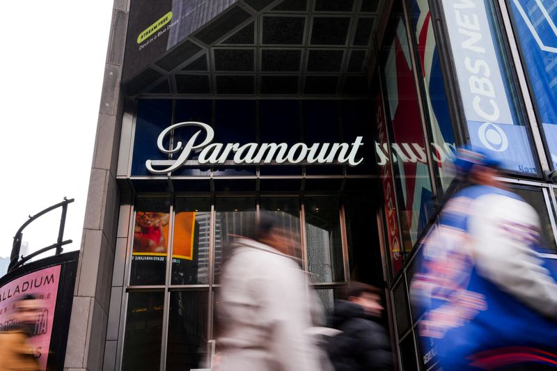 FILE PHOTO: Paramount sign outside their offices at 1515 Broadway in New York City, U.S., February 17, 2026. REUTERS/Adam Gray/File Photo