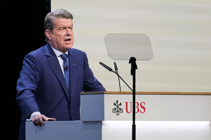 UBS' Chairman of the Board of Directors, Colm Kelleher, addresses the Annual General meeting of Swiss bank UBS, in Basel, Switzerland, April 15, 2026. REUTERS/Romina Amato