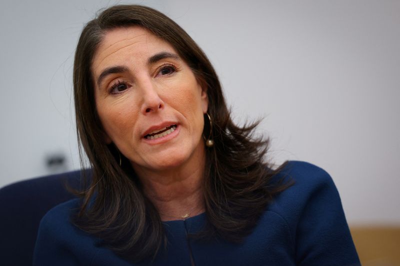 FILE PHOTO: Federal Reserve Bank of Cleveland President Beth Hammack speaks during an interview with Reuters in New York City, U.S., April 24, 2025. REUTERS/Mike Segar/File Photo
