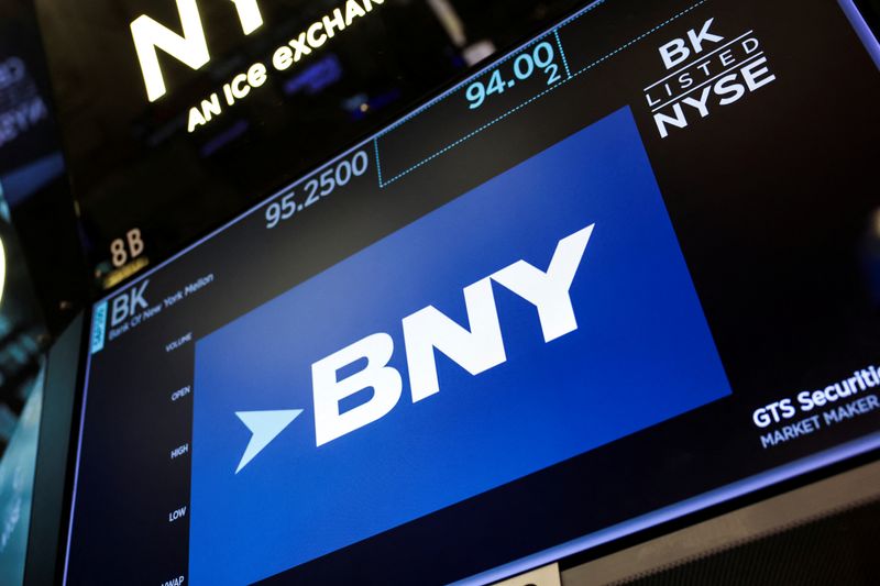 BNY Mellon investment banking company logo is displayed on a screen on the floor at the New York Stock Exchange (NYSE) in New York City, U.S., July 15, 2025. REUTERS/Jeenah Moon