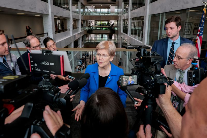 U.S. Senator Elizabeth Warren (D-MA) speaks to the media on her concerns about Federal Reserve Chair nominee Kevin Warsh, following a meeting with him, on Capitol Hill in Washington, D.C., U.S., April 16, 2026. REUTERS/Kylie Cooper