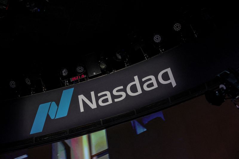 FILE PHOTO: The Nasdaq logo is displayed at the Nasdaq Market, in New York City, New York, U.S., February 27, 2026. REUTERS/Jeenah Moon/File Photo