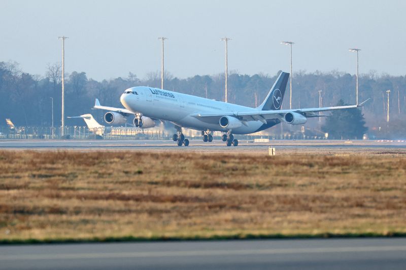 A Lufthansa plane at the airport in Frankfurt, Germany, March 5, 2026. REUTERS/Kai Pfaffenbach