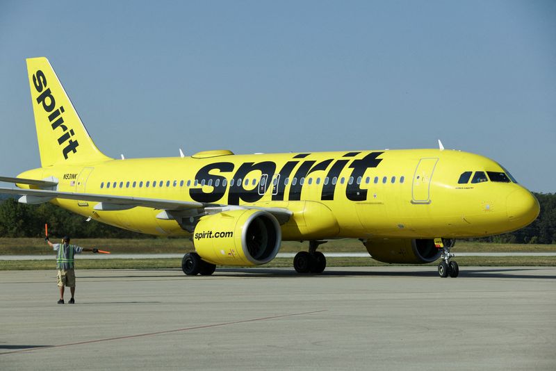 FILE PHOTO: A Spirit Airlines flight arrives at Arnold Palmer Regional Airport in Westmoreland County, Pennsylvania, U.S., September 18, 2025.  REUTERS/Quinn Glabicki/File Photo