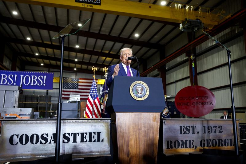 FILE PHOTO: U.S. President Donald Trump speaks, as he visits Coosa Steel Corporation in Rome, Georgia, U.S., February 19, 2026. REUTERS/Kevin Lamarque/File Photo
