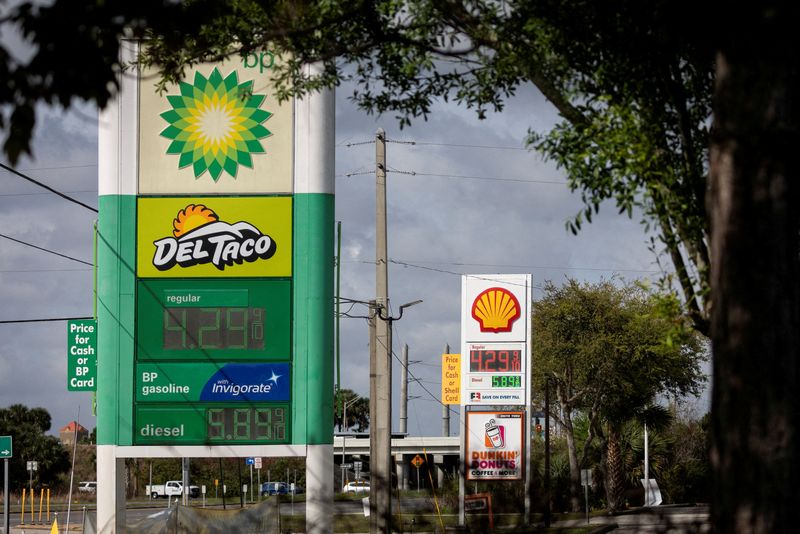 FILE PHOTO: Gas prices are displayed at a gas station as the prices of oil and gas surge, amid the Iran war, in Titusville, Florida, U.S., March 31, 2026. REUTERS/Marco Bello/File Photo